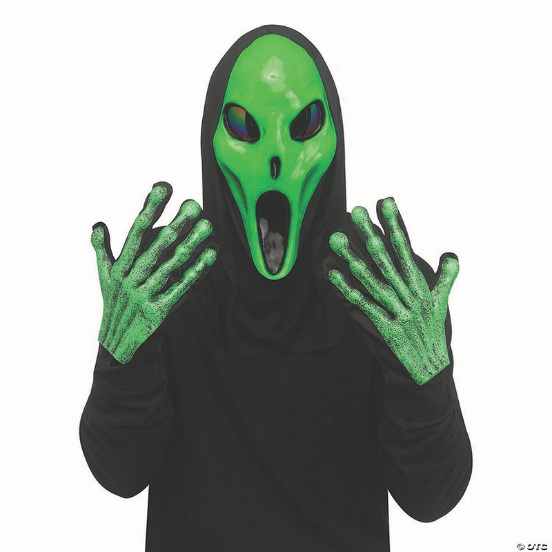 Adults Alien Spawn Green Full Mask with Black Shroud & Green Gloves Set
