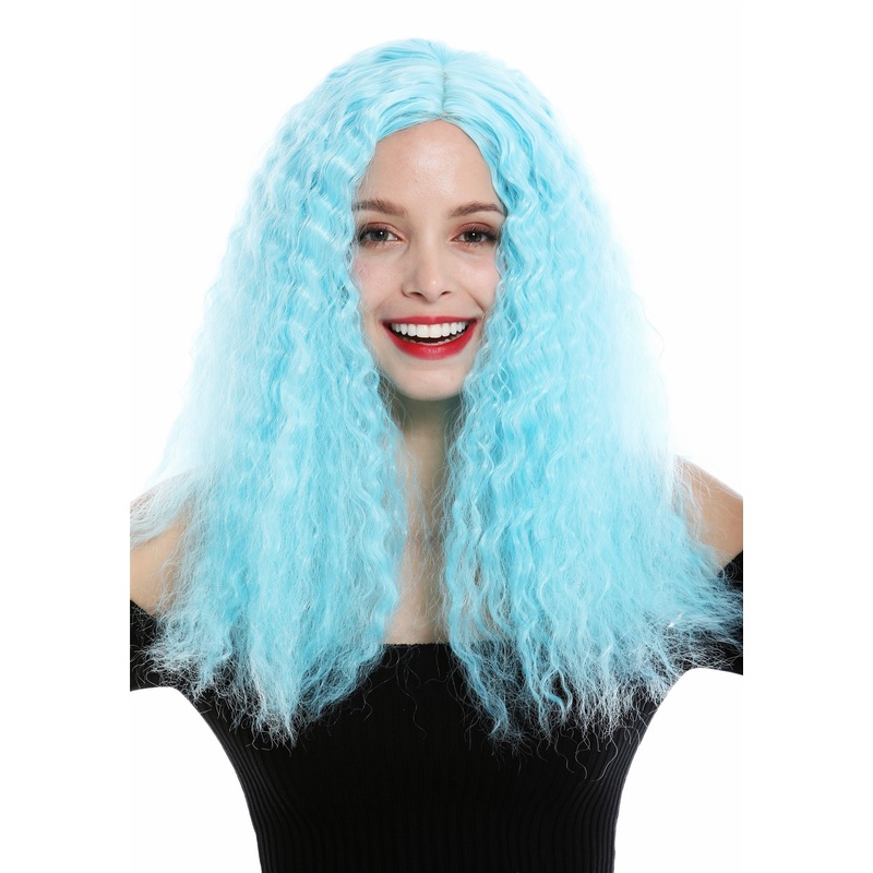 Lady wig very long voluminous frizzy curls middle parting blue fairy YZF-7304