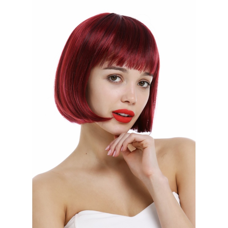 Short Lady Wig classy classic Bob style straight bangs sleek red  VK-4-872