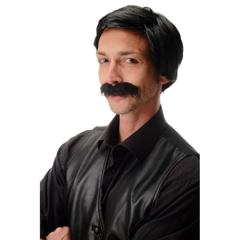 Wig & Mustache Man Bandit Columbian Cartel Boss Gangster Drug Lord black 4129