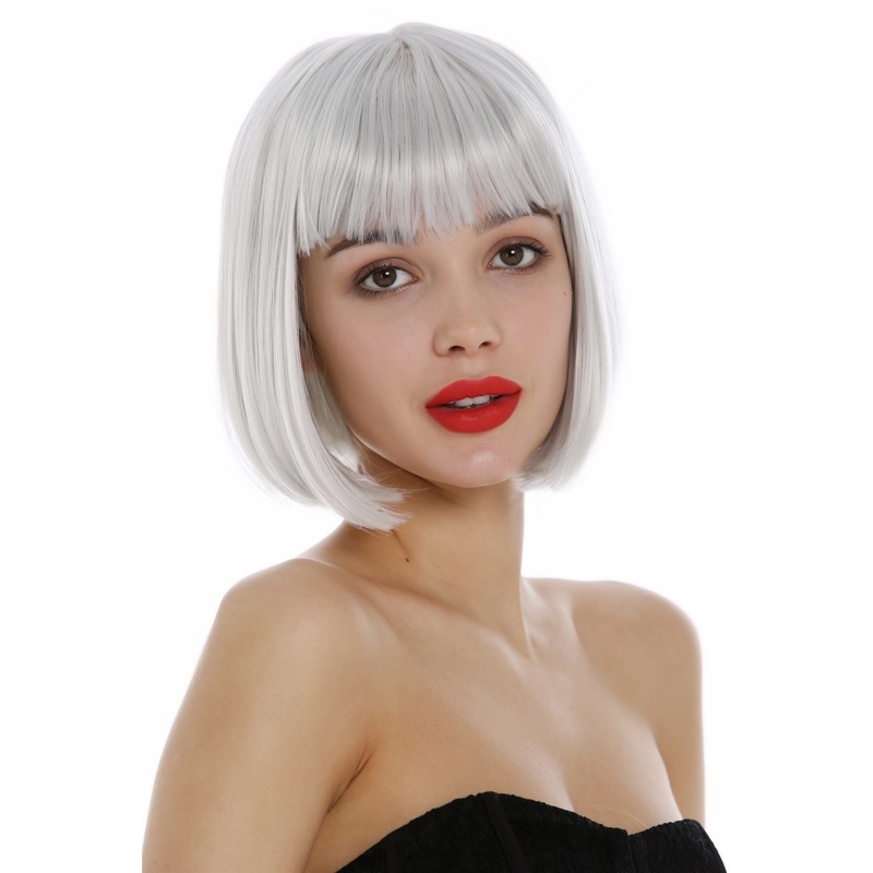 Short lady Wig bob style bangs fringe sleek very light white-ish gray grey 7803
