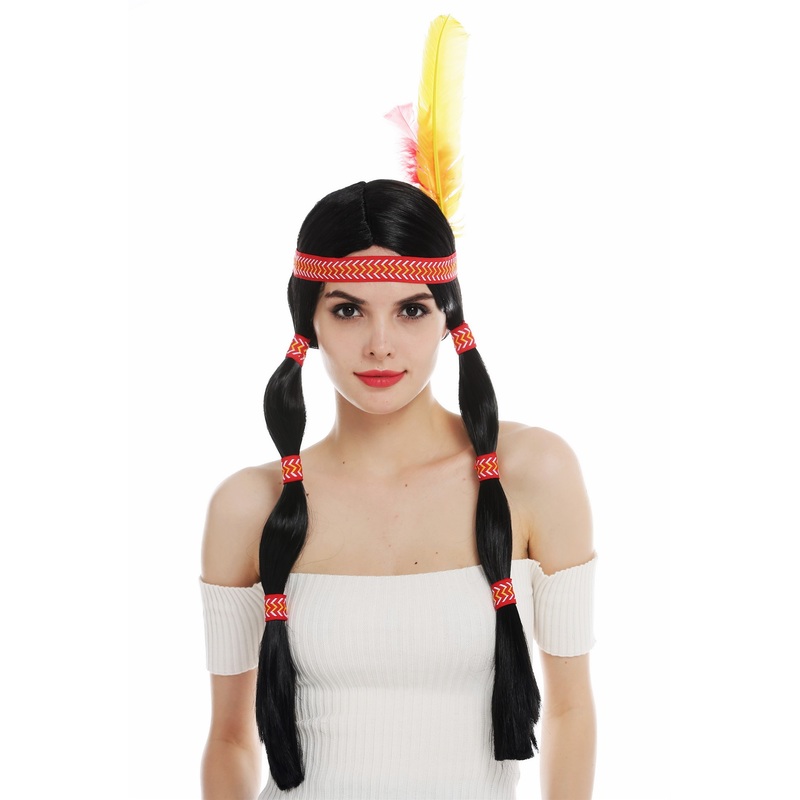 Women’s wig Native American woman Wild West braids black head band feather 6081