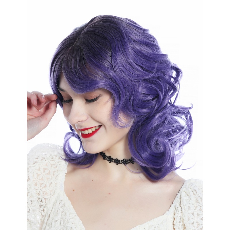 Cute Women’s wig lady shoulder-length curls ombre dark brown to purple SZL0672