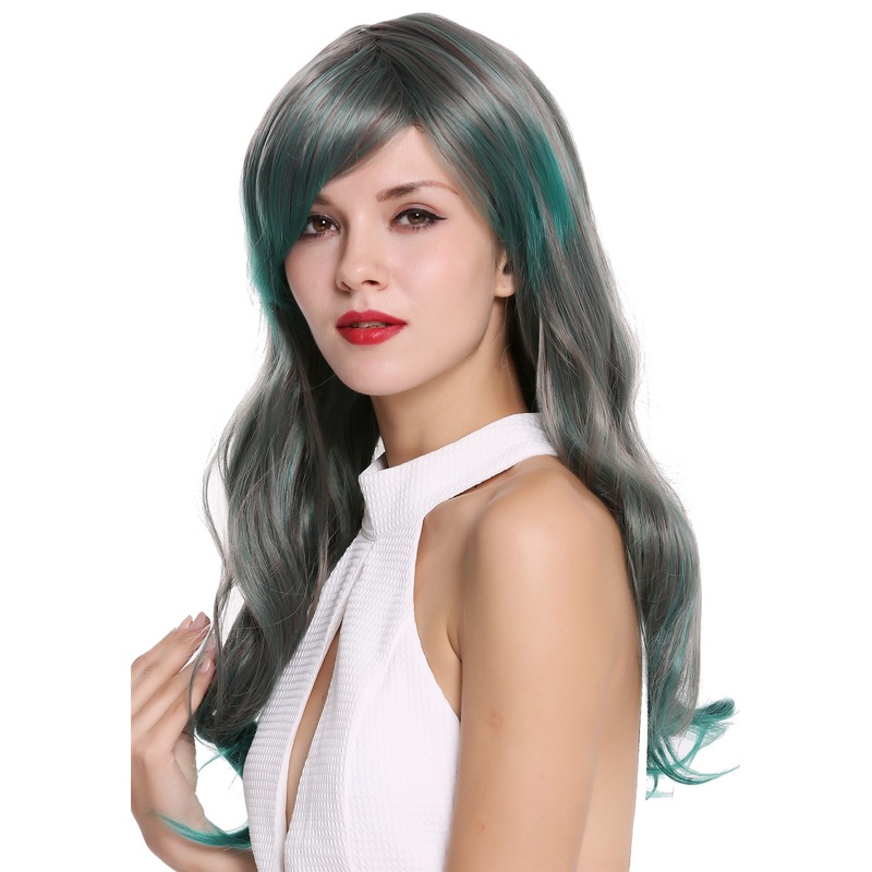 Lady Woman Wig Long Wavy Parting Extravgant Gray Green Red Mix 6083