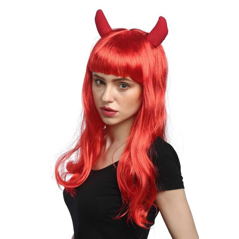 Lady Party Wig Halloween Retro Pin-Up She-Devil Demon red long bangs horns 90897