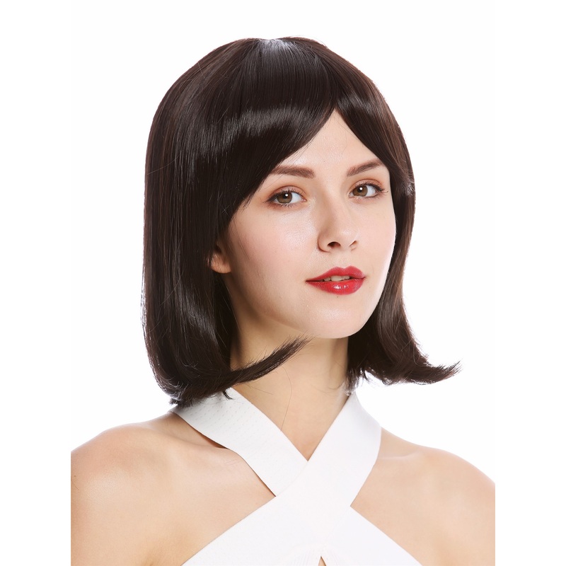 Lady wig short shoulder length Bob Longbob straight bangs dark brown YZF-4366