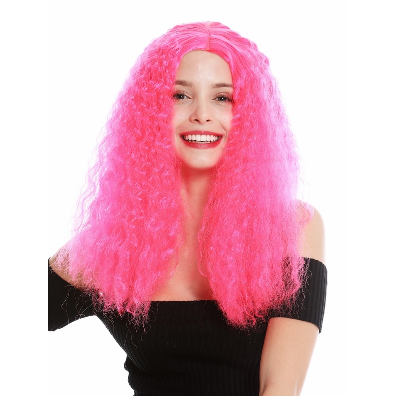 Lady wig very long voluminous frizzy curls middle parting pink fairy YZF-7304