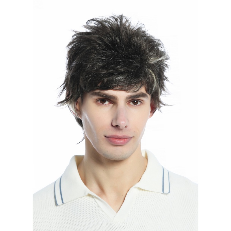 Wig Men Women short wild unkempt 80s retro style brown blond highlights M-252A