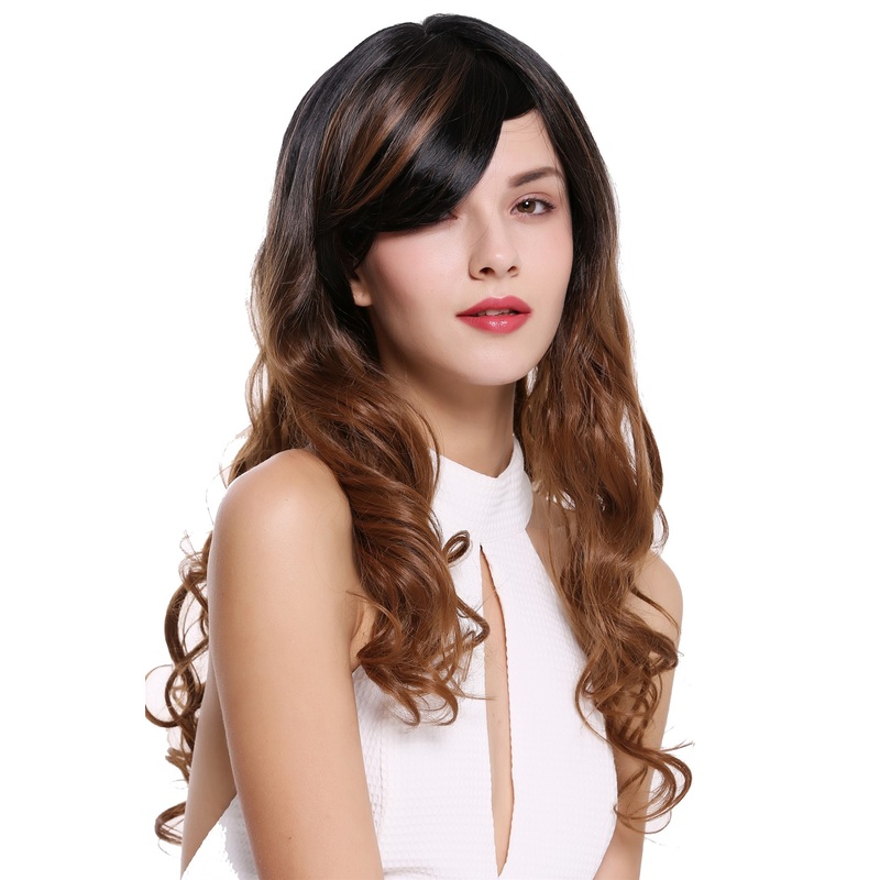 Lady wig long slightly curly parting chestnut black brown mix highlights ZM-1653