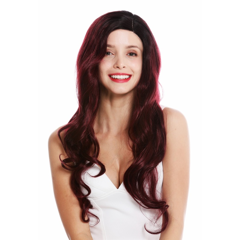 Monofilament lady wig lace front parting long wavy black red highlights VK-24-MF