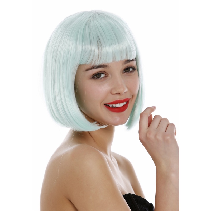 Short lady wig women bob style bangs fringe sleek light green cosplay 7803