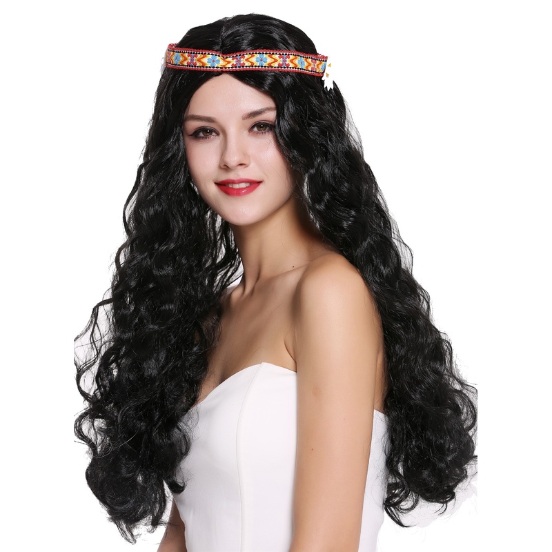 Wig Ladies Men long black wavy middle parting Hippie 60s 70s headband  91298