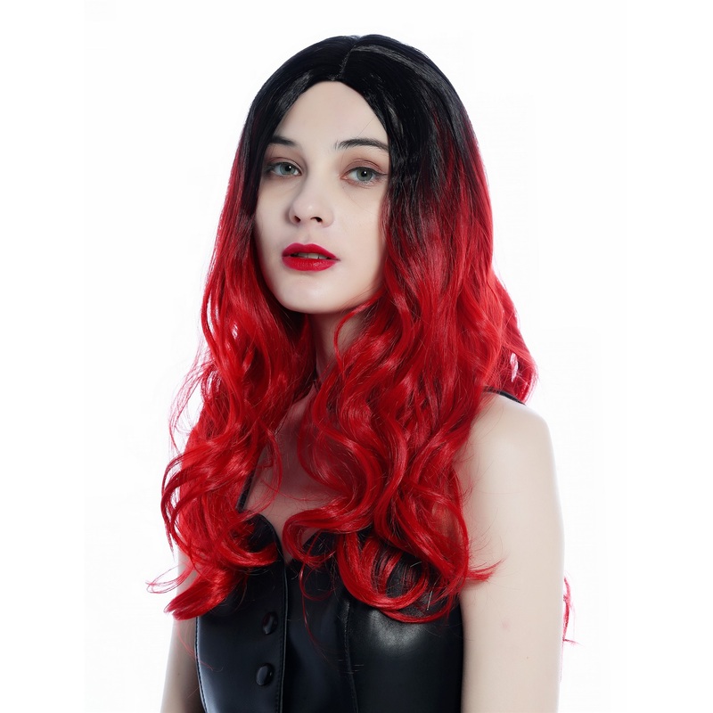 Women’s Wig lady long wavy middle-parting ombre black to red ZM-1001