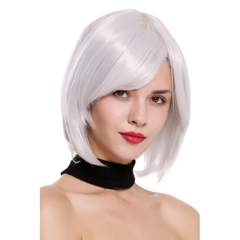 Lady Cosplay Wig short bob longbob parting straight grayish white SA091