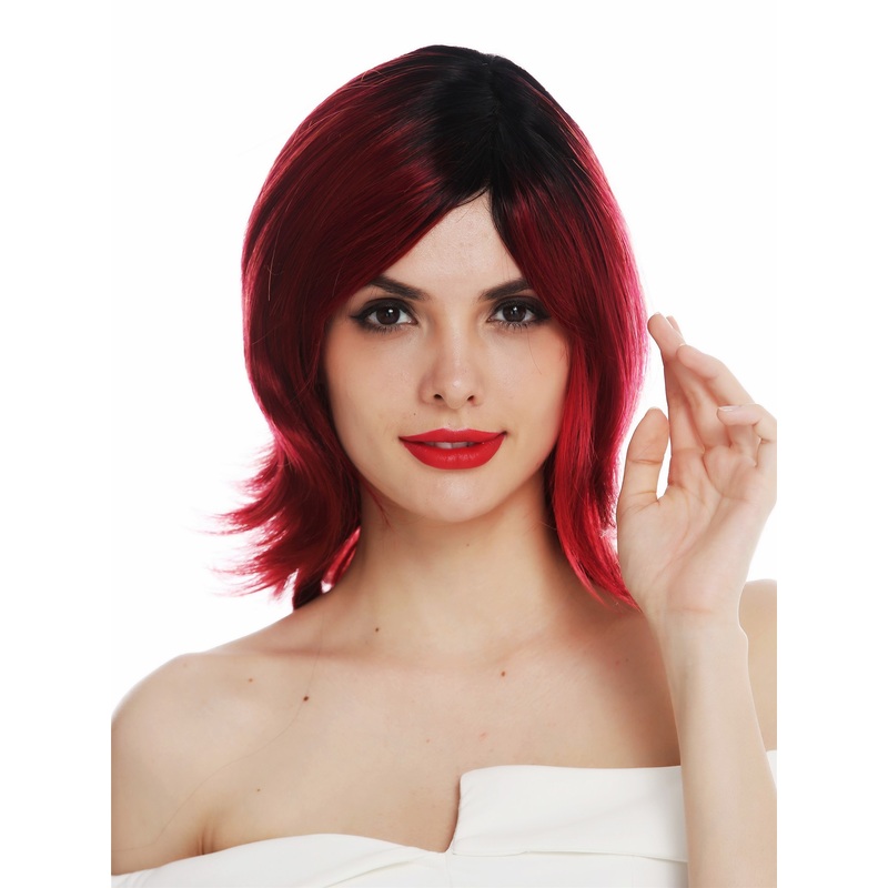 Lady wig monofilament parting short layered wavy tips ombre black red FIONA-MT