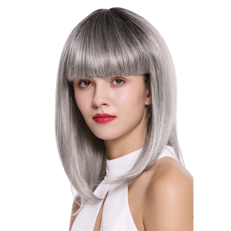 Lady Wig shoulder length Longbob bangs fringe straight black grey Ombre DY46A