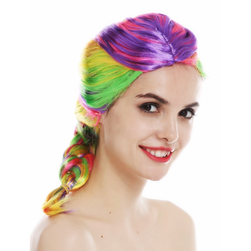 Women’s wig lady carnival rainbow coloured colourful braids plaited long 31946