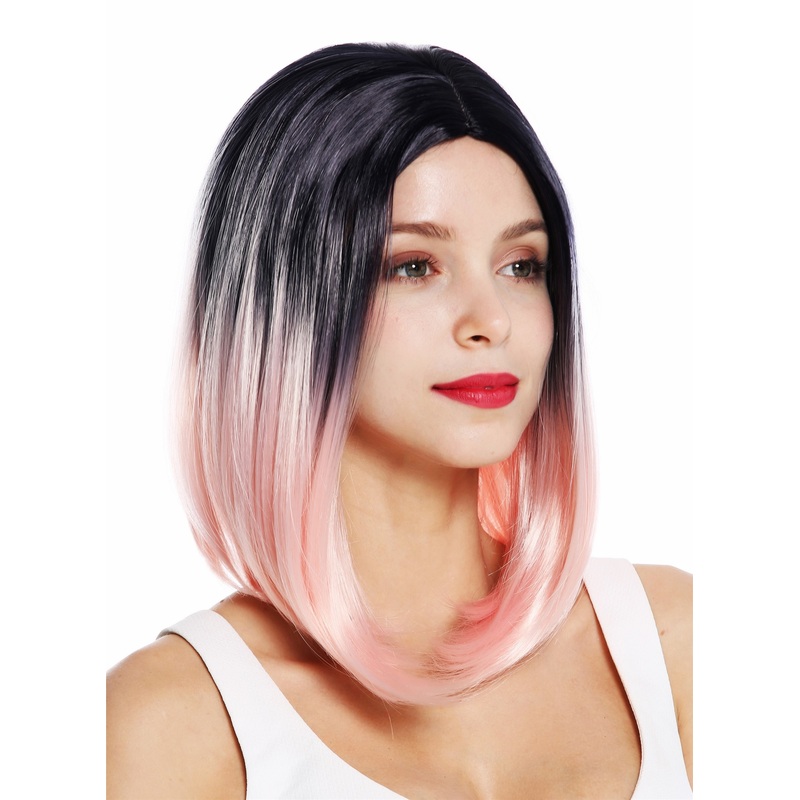 Lady wig short sleek long bob middle parting ombre black light pink ZM-1769