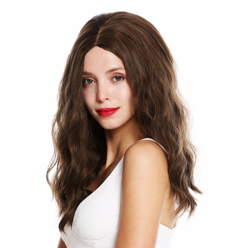 Women’s wig lady long voluminous wavy middle parting brown mix DL-012