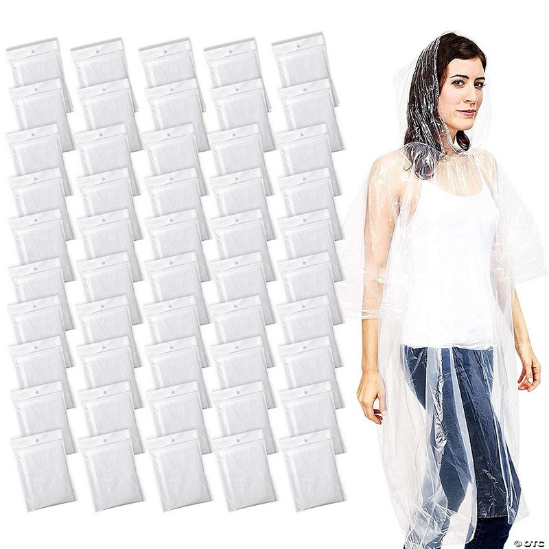 50 Pack Bulk Disposable Rain Ponchos Family Pack, Emergency Ponchos with Hood, Clear Plastic, One Size Fits All