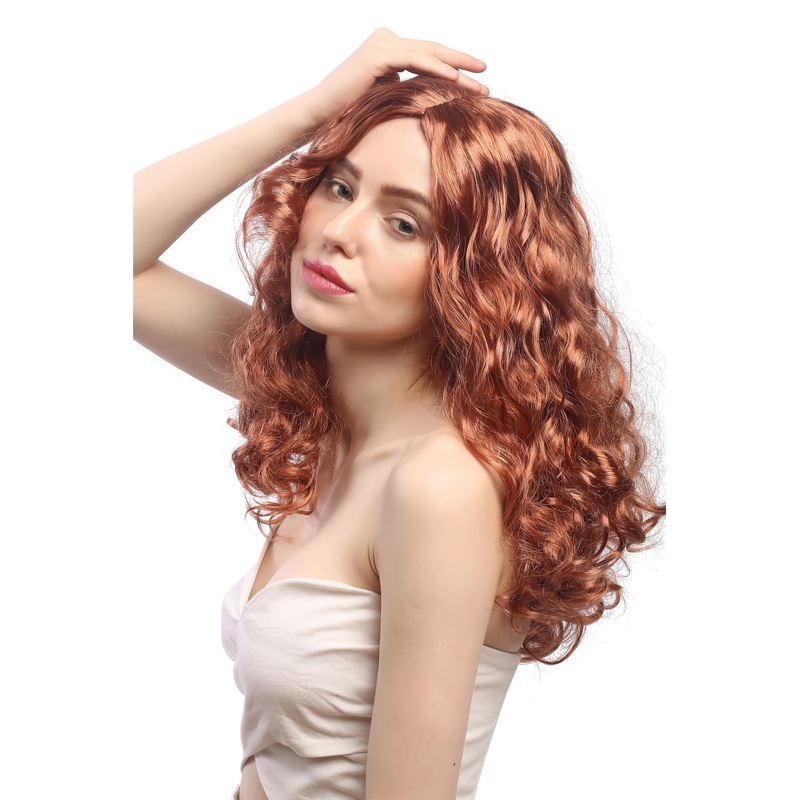 Lady Party Wig long wavy to curly voluminous middle-parting coppery red SAR065