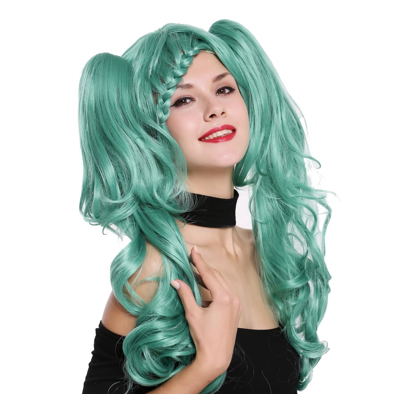 Lady Wig Cosplay Lolita braided 2 long pigtails ponytails emerald green ZM-1193
