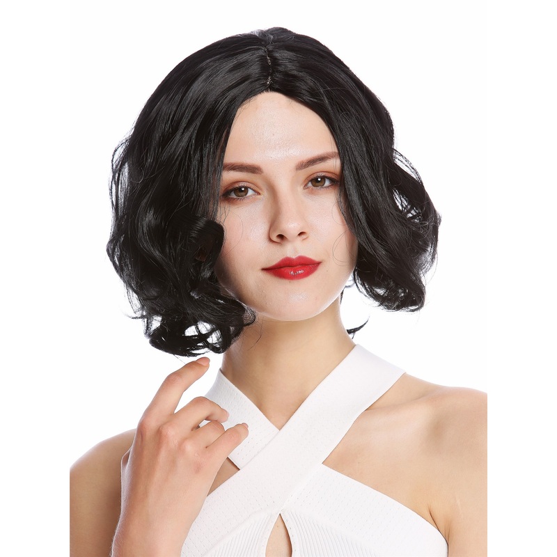 Lady wig shoulder length straight middle-parting curved tips black YZF-4372
