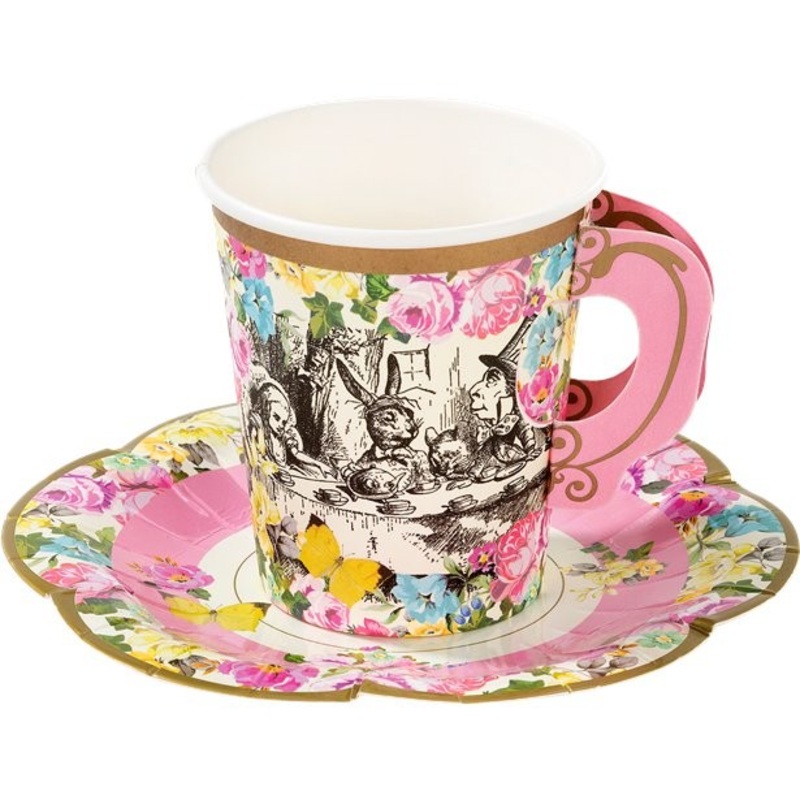 12 Wunderland tea party paper cups with coasters
