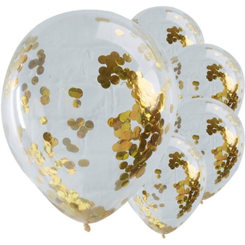 5 confetti balloons transparent gold 30cm