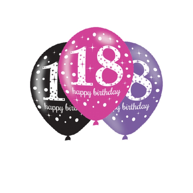 Black Pink Purple 18th Birthday Latex Balloons – 6 Pack