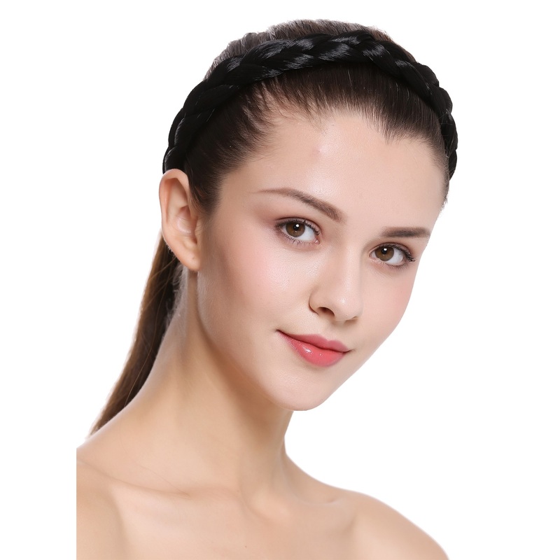 Hair band loop Alice band plaited traditional 1 inch wide pitch black CXT-007