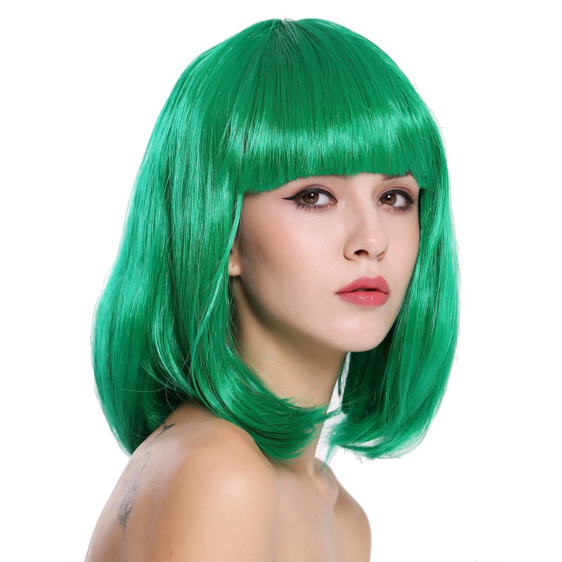 Lady Wig Halloween Carnival Disco bob longbob shoulder length bangs green 0073