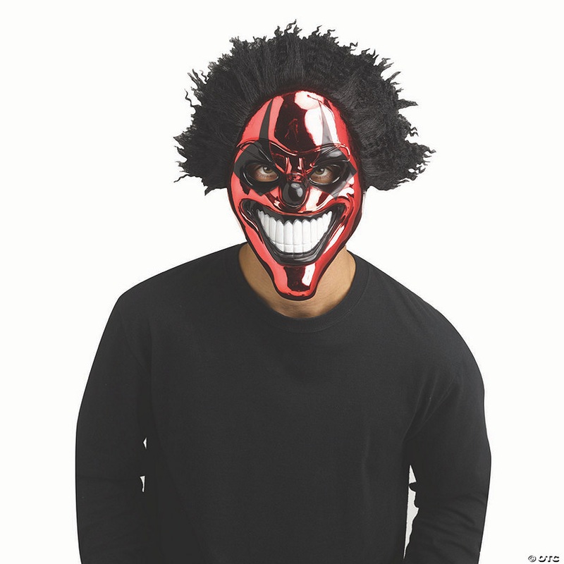 Adults Red Chrome Evil Clown Full Mask with Black Hair – One Size
