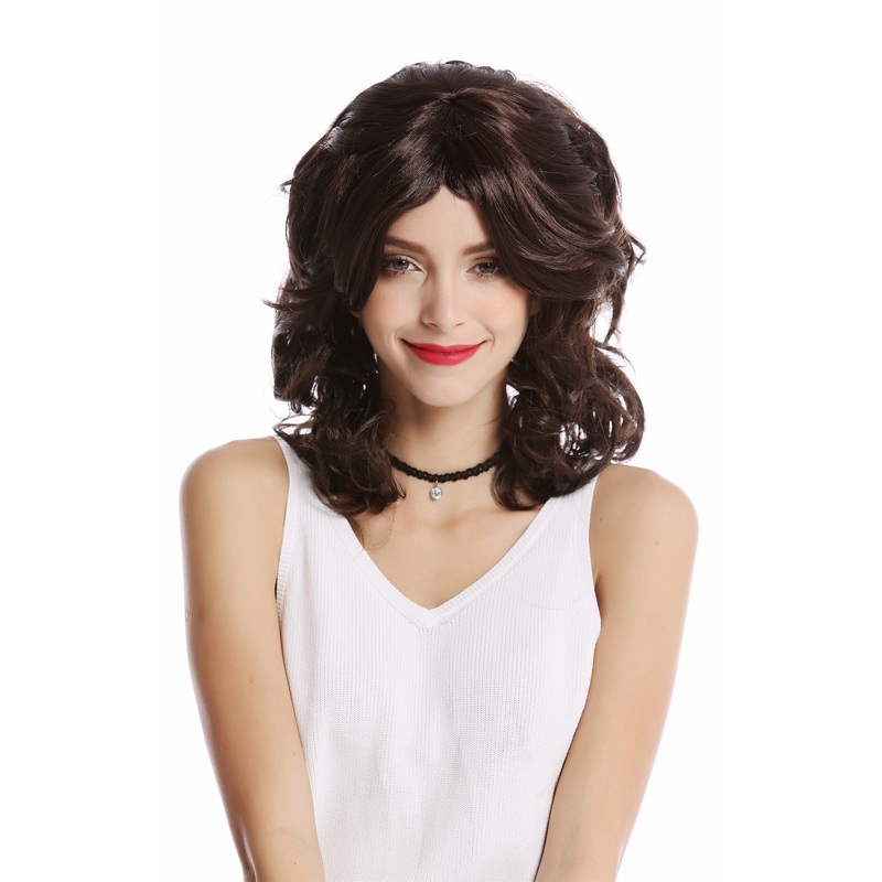 Lady Party Wig Carnival dark brown wavy teased parting 80s Soap Opera Diva 91213