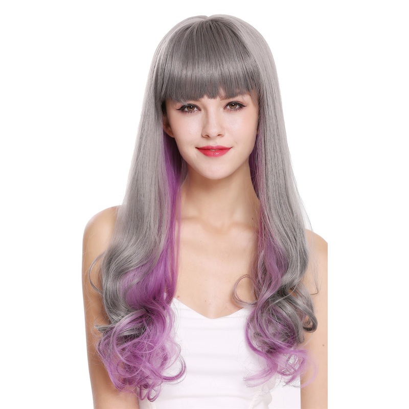 Women’s wig lady long fringe sleek curly hair tips grey violet purple mix D1819