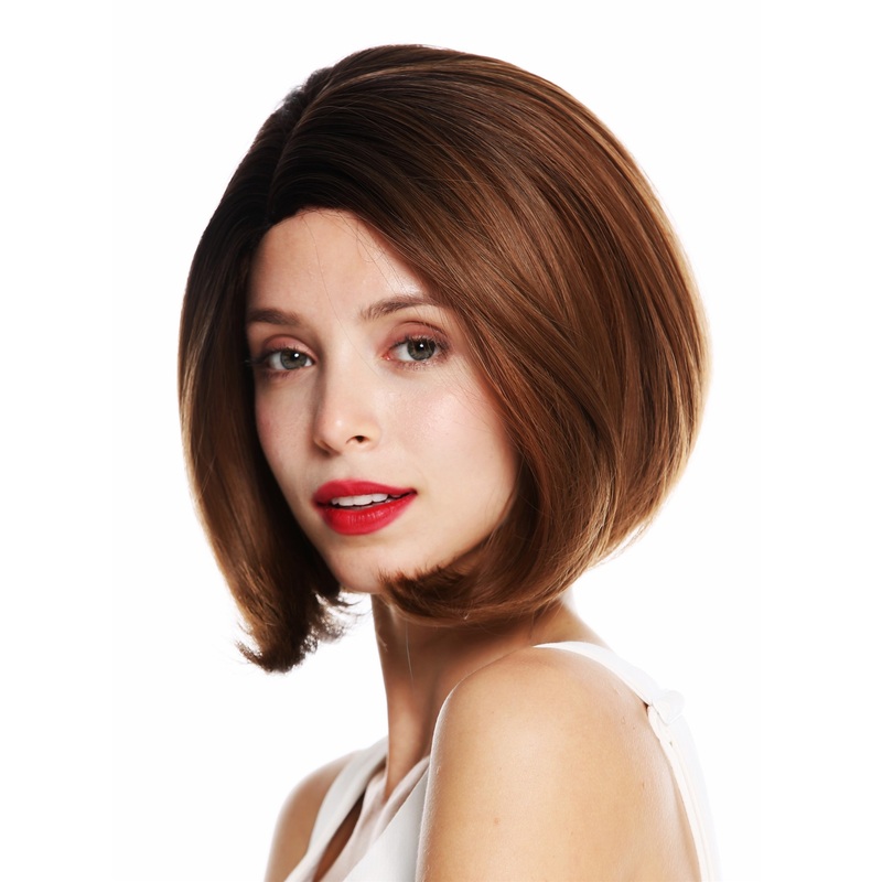Lady wig bob sleek waved tips parting reddish brown blonde highlights SS132