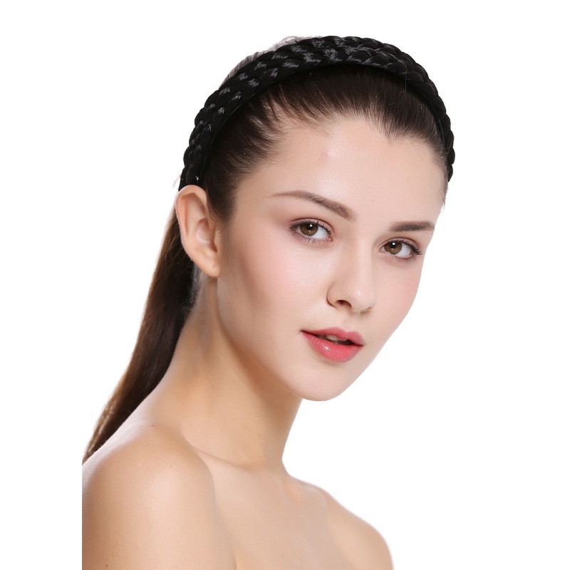 Hair loop Alice band plaited traditional 1 inch wide braid pitch black CXT-002