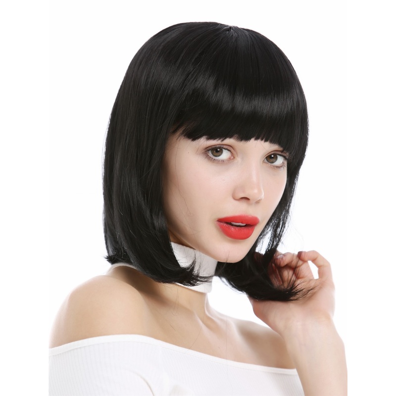 Lady wig short Longbob bangs fringe straight sleek curved tips black YZF-4375