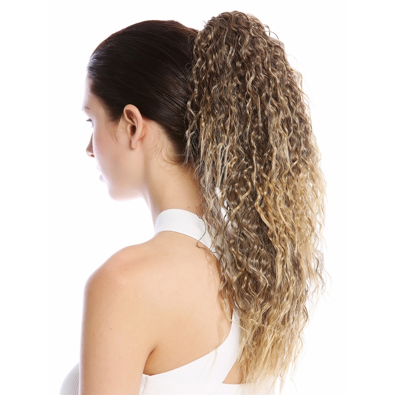 Ponytail Combs Clamp long voluminous curled kinks brown blond highlights N609