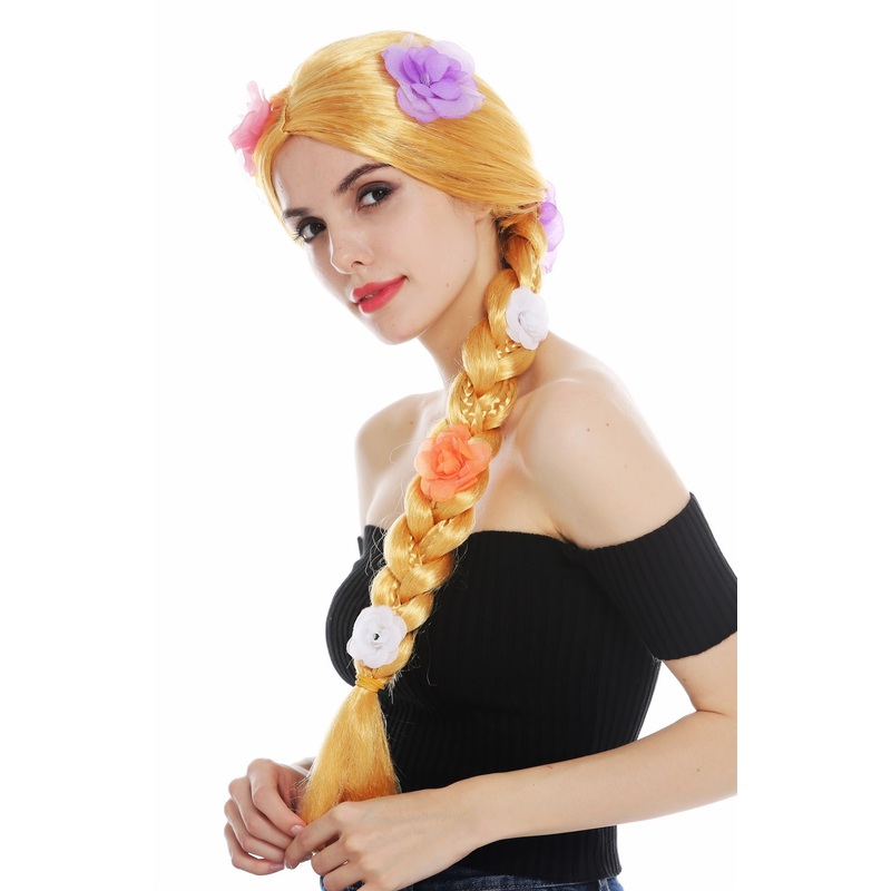 Wig carnival women long braid plaited golden blonde flowers hippie 31962