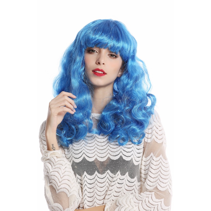 Wig Ladies Women Halloween long wavy fringe bangs light blue Disco Glam 91065