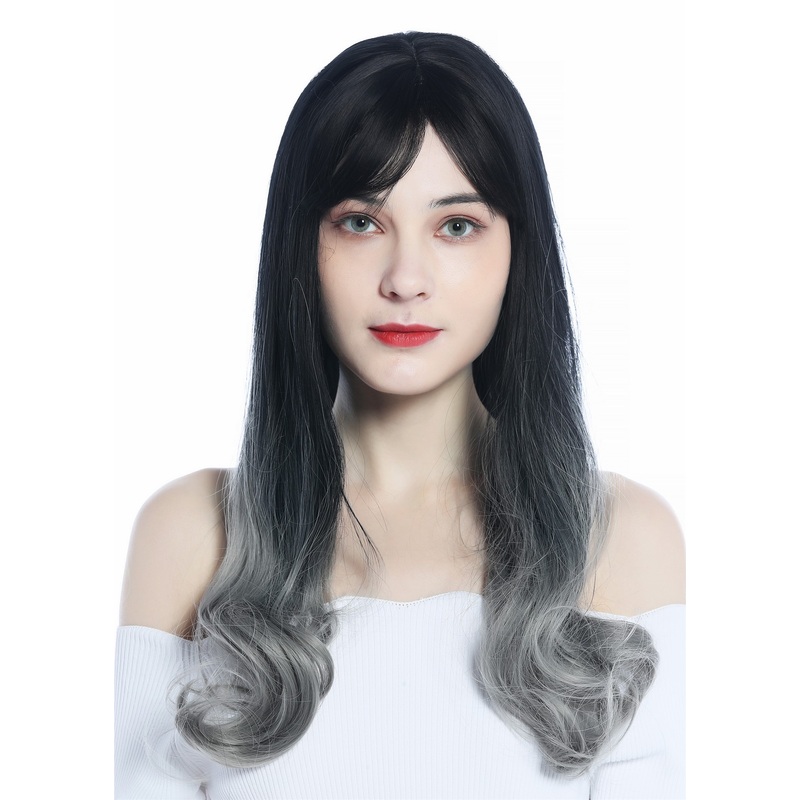 Women’s Wig lady long sleek smooth but wavy tips ombre dark brown to grey 1574