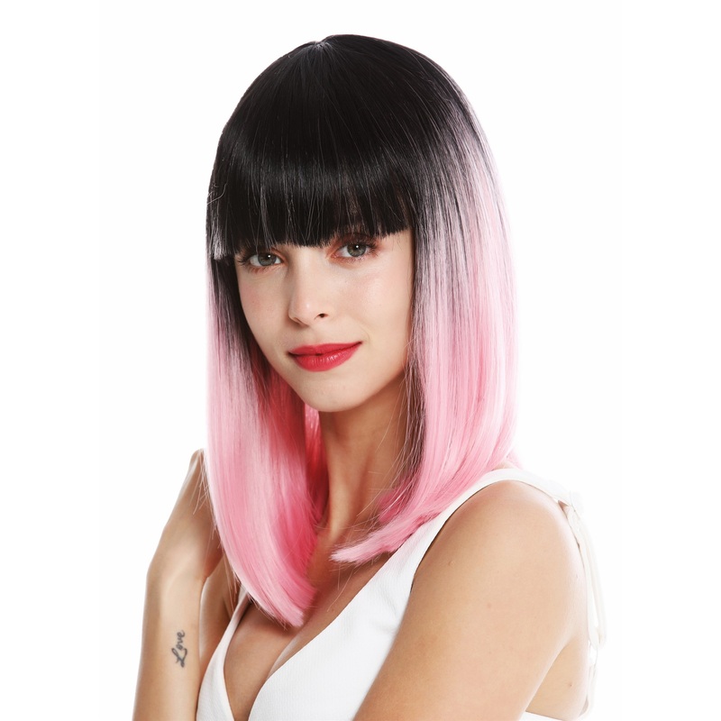 Lady wig shoulder length sleek fringe vamp ombre mix black to light pink VK-2