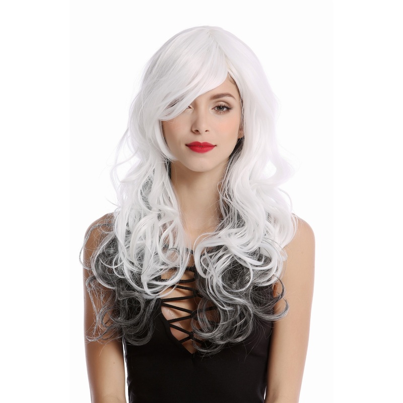 Lady Women Wig Diva long white and black layered wavy curled parting GF-W2048