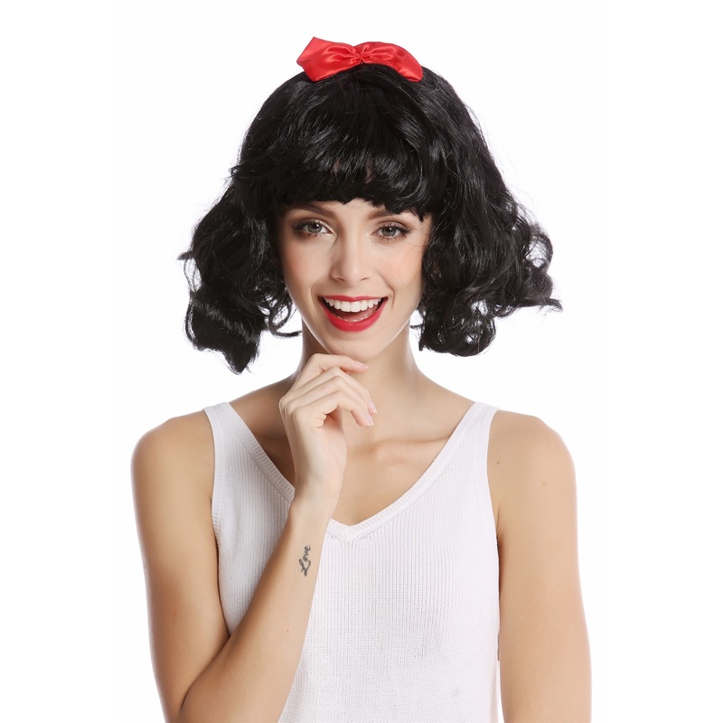 Wig Women bangs black shoulder-length Longbob wild wavy red ribbon Lolita 90866