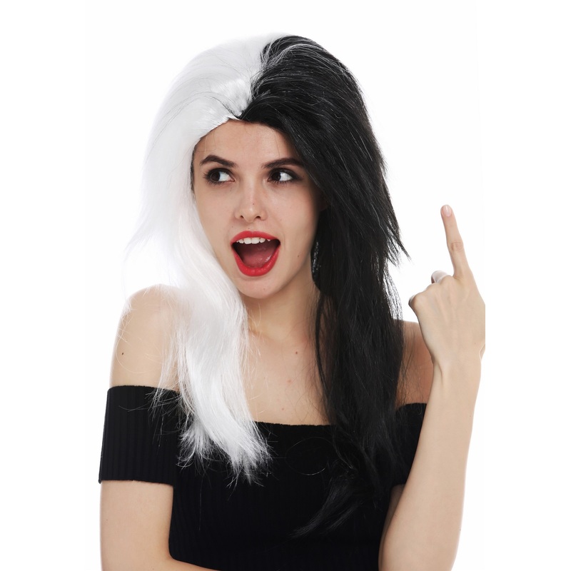 Women’s wig Halloween long middle parting vamp black white half half EW-8059