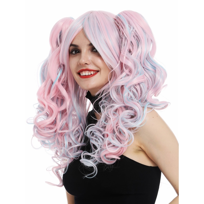 Cosplay wig long curls 2 removable ponytails Gothic Lolita pink blue TYS-295+298