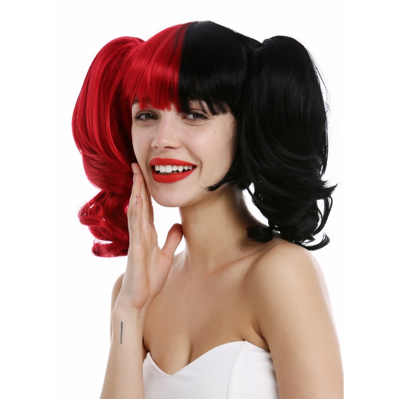Lady wig set Gothic Lolita Harlequin 2 long wavy pigtails half red back ZM-1189