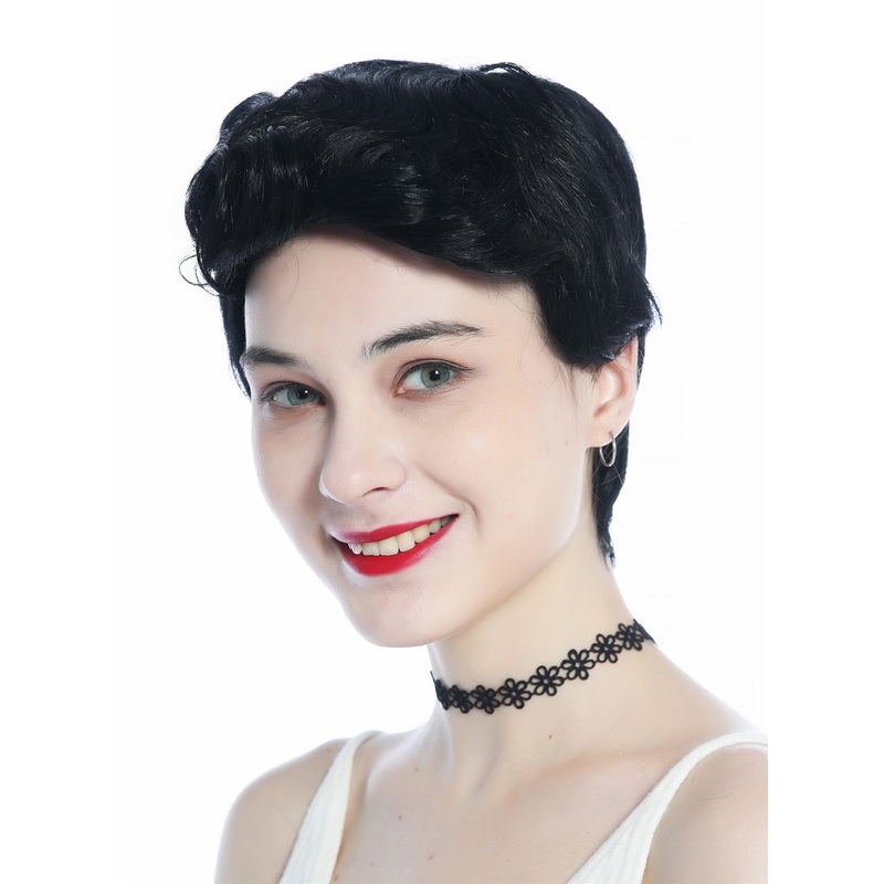 Wig Men Women unisex short straight curled quiff deep black DW3333