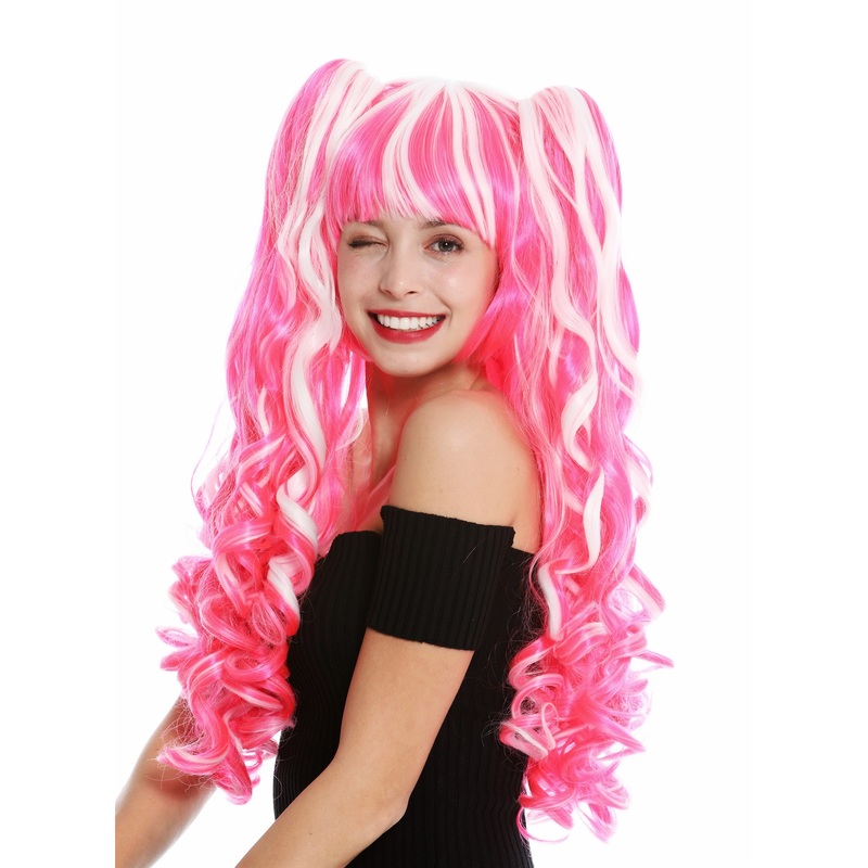 Lady Cosplay wig + 2 long curled ponytails pigtails white pink YZF-7092L+A